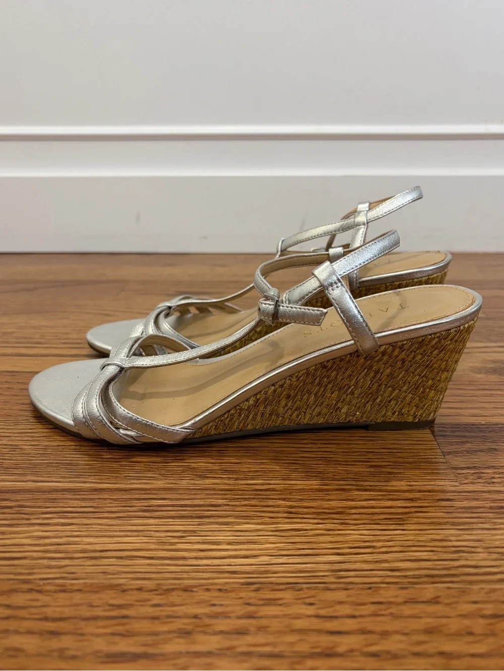 Talbots Royce T-Strap Woven Metallic Silver T-Strap Wedge Sandals (7)